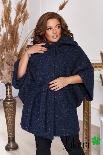 Женское пальто большого размера синее, букле-барашек люрекс НТФВ 3370-3