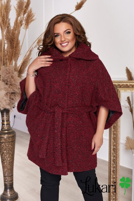 Женское пальто большого размера бордовое, букле-барашек люрекс НТФВ 3370-4